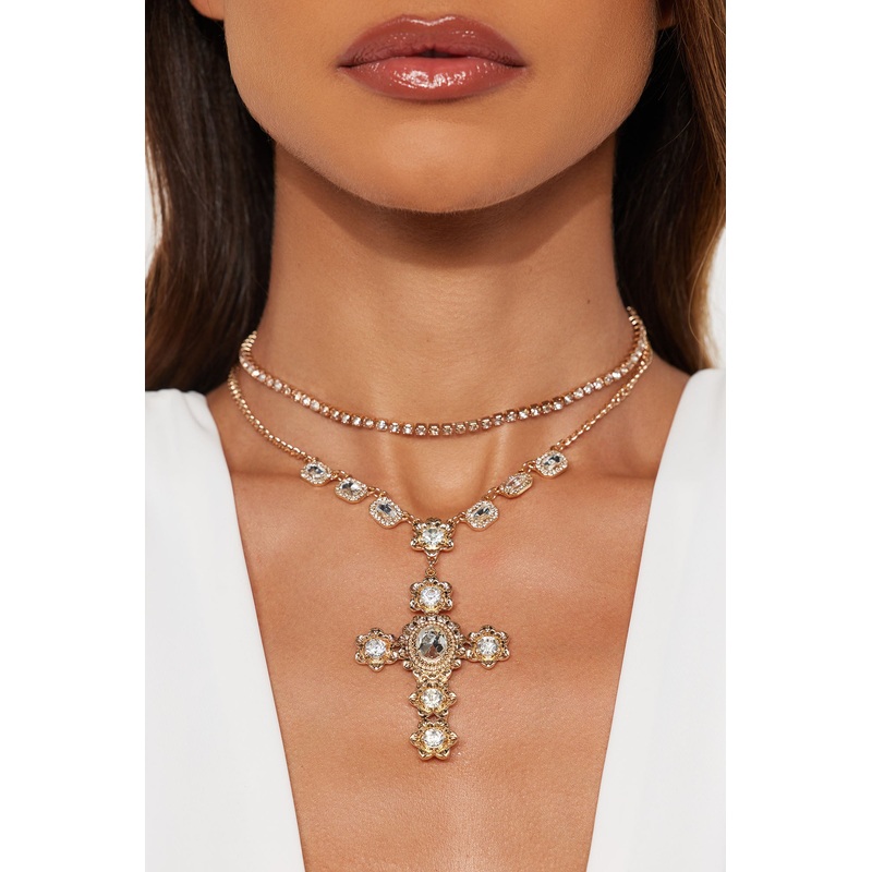 Crossover Me Layered Rhinestone 2 Piece Necklace Set – Gold