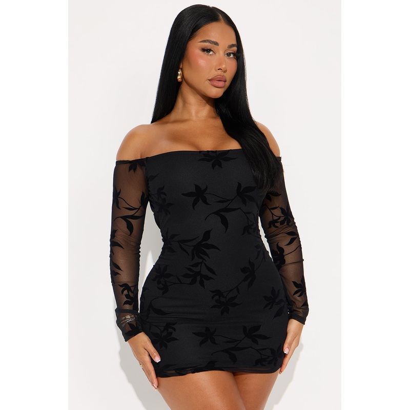 Imani Flocked Mesh Mini Dress – Black