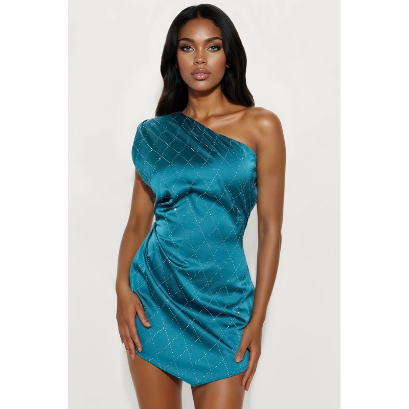 Lorena Satin Rhinestone Mini Dress – Teal