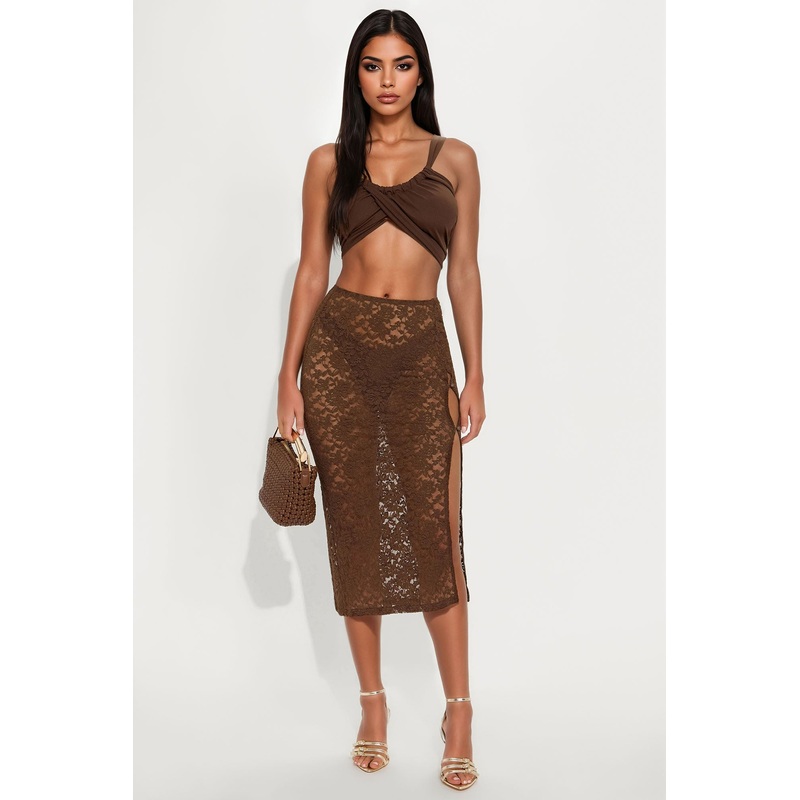 Lover Girl Era Lace Midi Skirt – Dark Brown