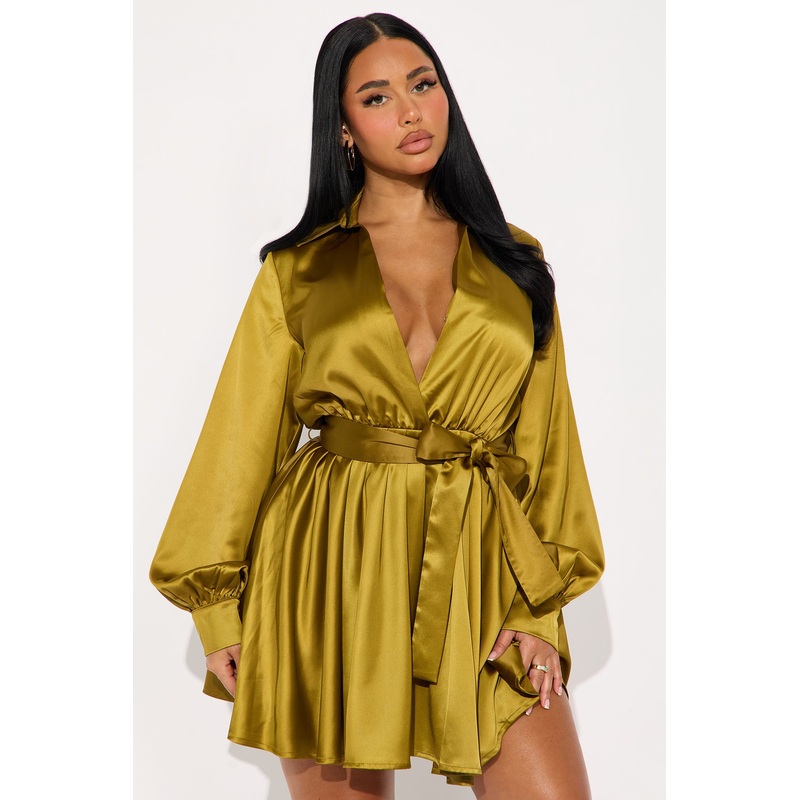 Mariana Satin Long Sleeve Mini Dress – Olive