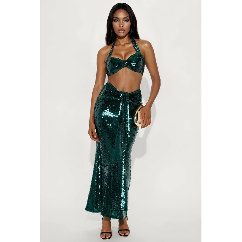 Wondering About You Sequin Halter Skirt Set – Emerald