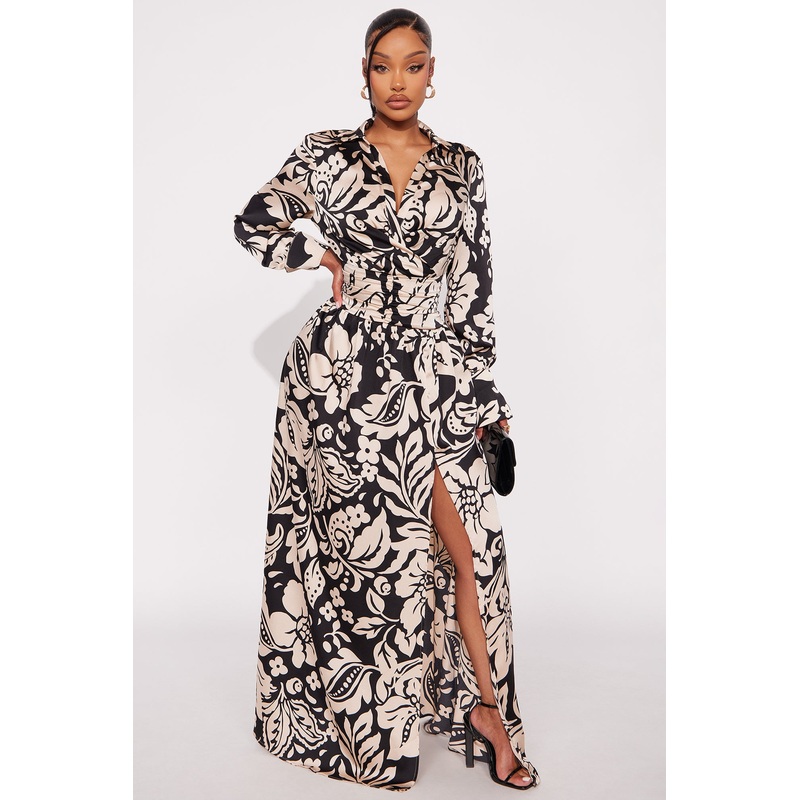 Alison Satin Floral Maxi Dress – Black/combo