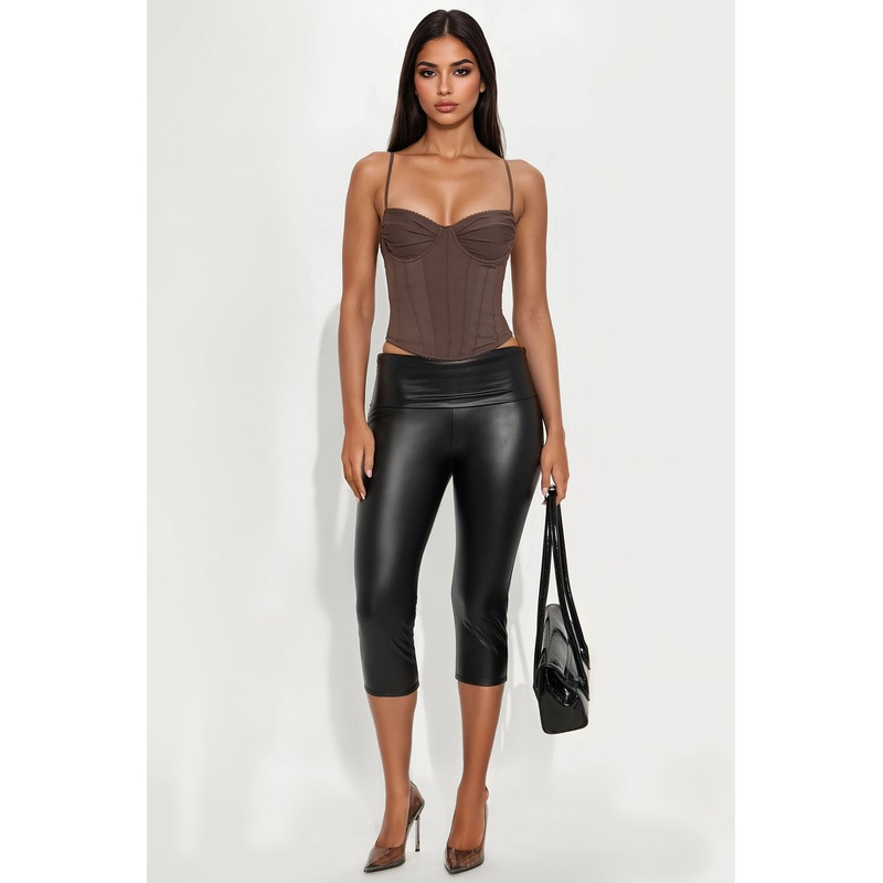 Kyrie Foldover Waistband Faux Leather Capri Legging – Black