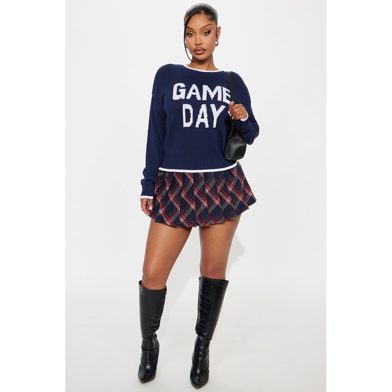 Heather Plaid Pleated Mini Skirt – Navy/combo