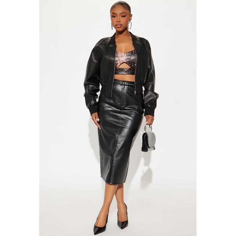 Samira Faux Leather Midi Skirt – Black