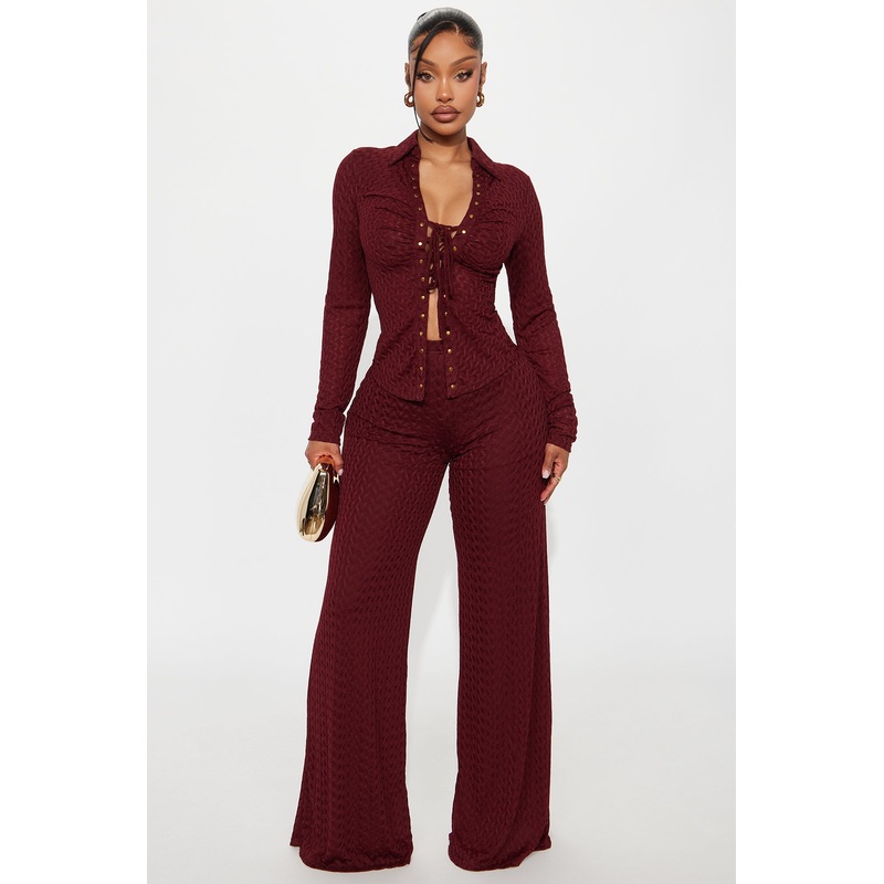 Taking It Back Textured Mesh Pant Set – Wine