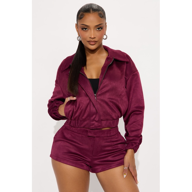 Amina Faux Suede Bomber Jacket – Wine