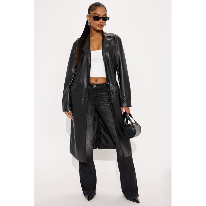 Camila Belted Faux Leather Trench – Black