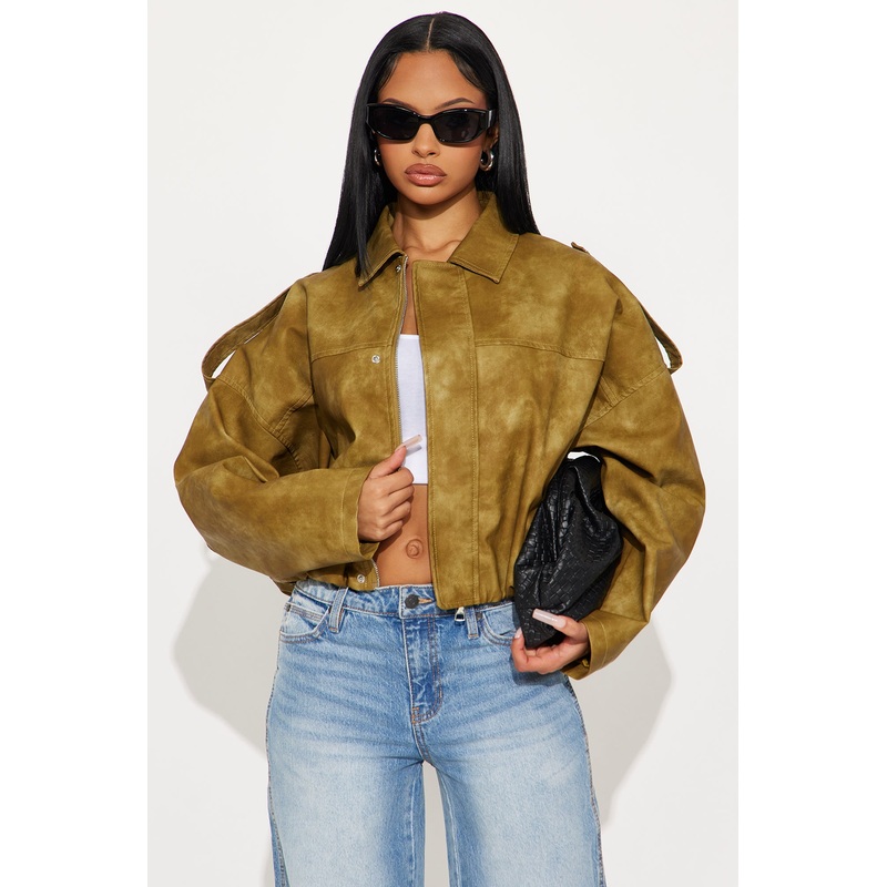 Chelsea Washed Faux Suede Bubble Jacket – Olive