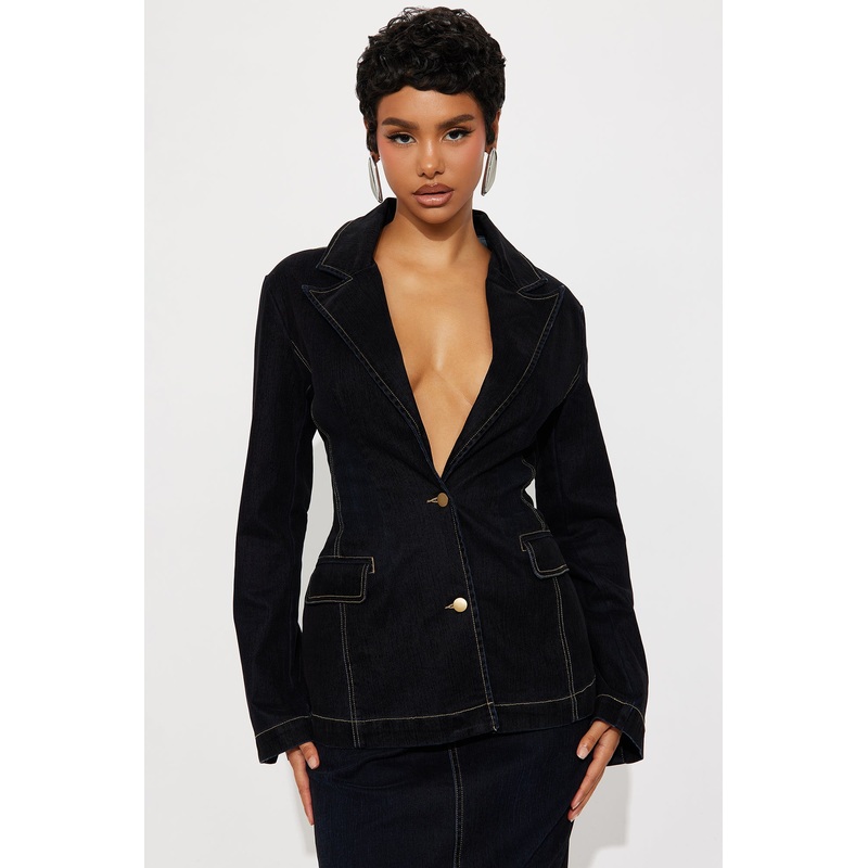 Gina Flocked Denim Blazer – Dark Denim