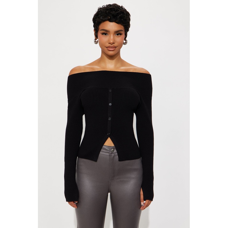 Make Time For Me Foldover Sweater – Black