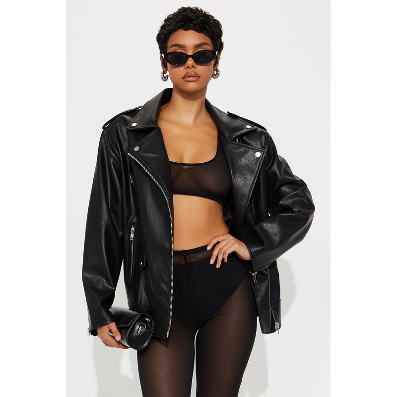 Phoebe Oversized Faux Leather Moto Jacket – Black