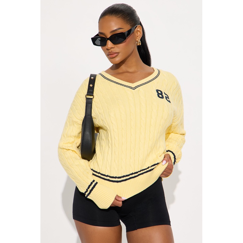 82 Varsity Cable Knit Pullover Sweater – Butter Yellow