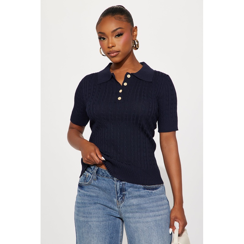 Countryside Short Sleeve Polo Sweater Top – Navy