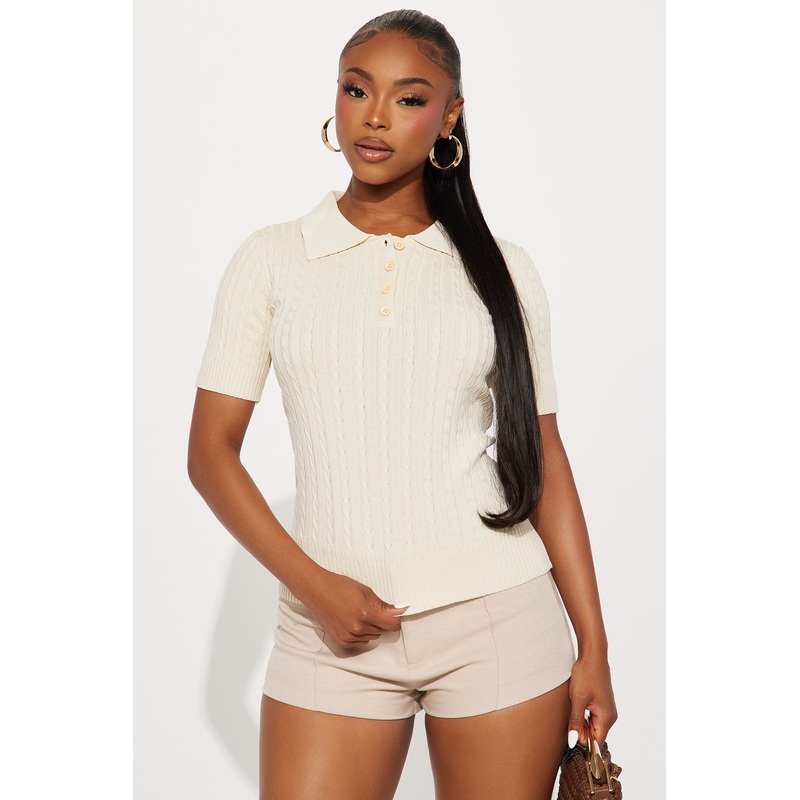 Countryside Short Sleeve Polo Sweater Top – Oatmeal