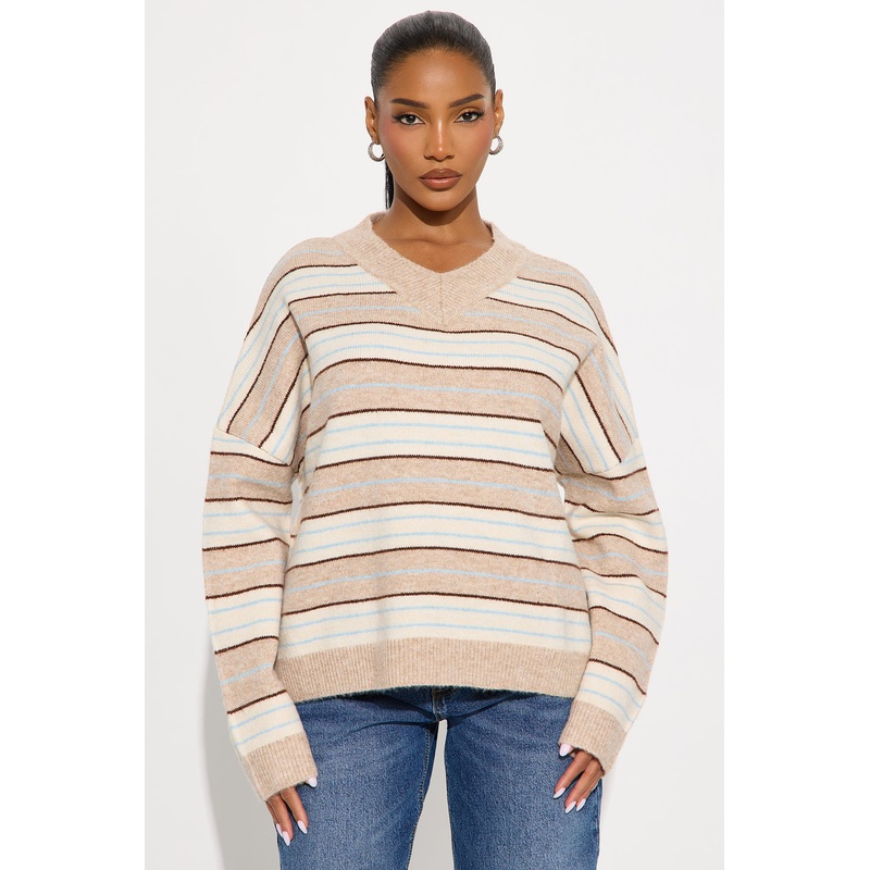 Feeling Striped V Neck Pullover Sweater – Taupe/combo