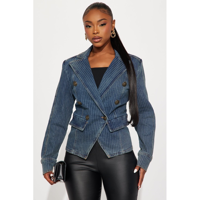 Most Dedicated Pinstripe Denim Blazer – Dark Wash