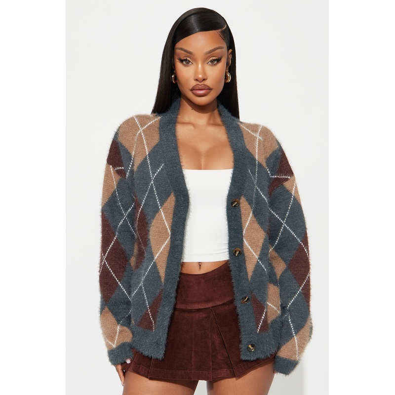 Preppy Girl Argyle Cardigan – Grey/combo