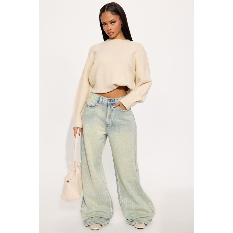 Shine Your Light Tinted Rhinestone Wide Leg Jean – Vintage Wash