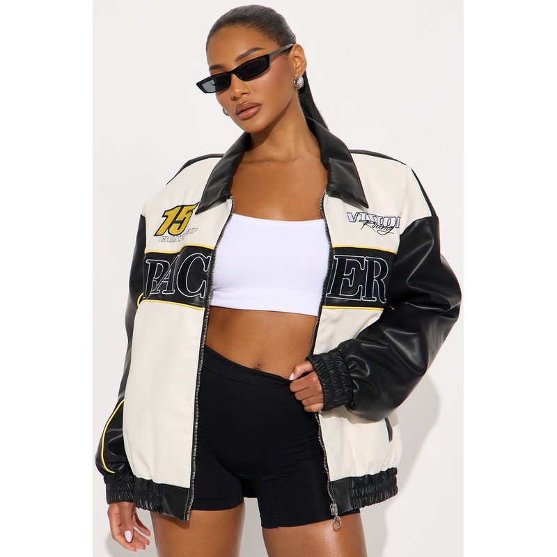 Street Racer Faux Leather Bomber Jacket – Black/combo