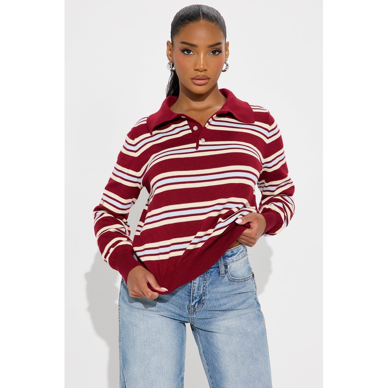 Alexandra Striped Polo Sweater – Red/combo