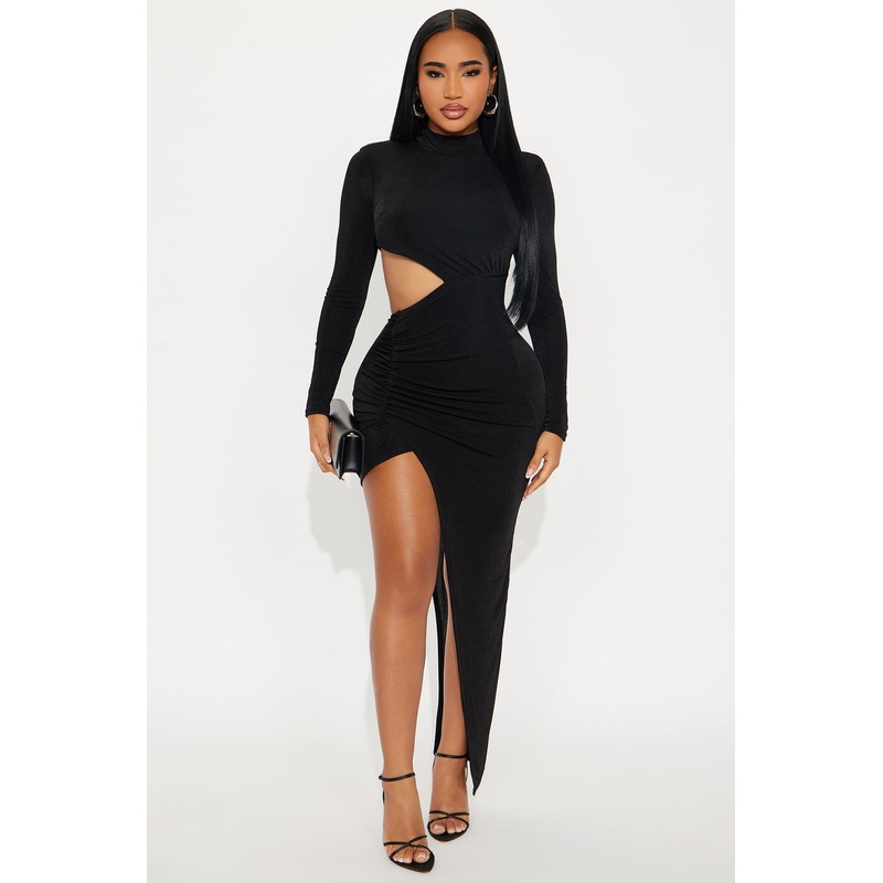 Amari Long Sleeve Slinky Maxi Dress – Black