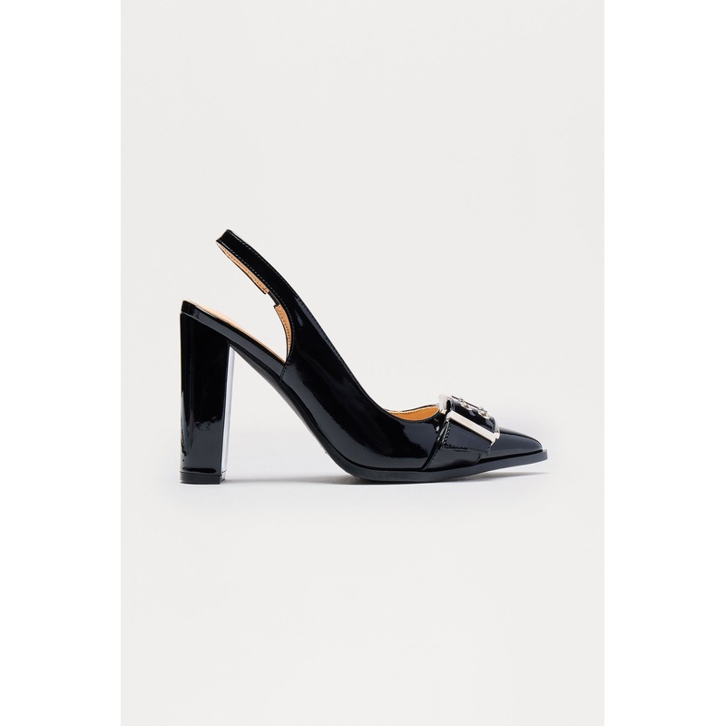 Betty Buckle Faux Patent Slingback Pumps – Black