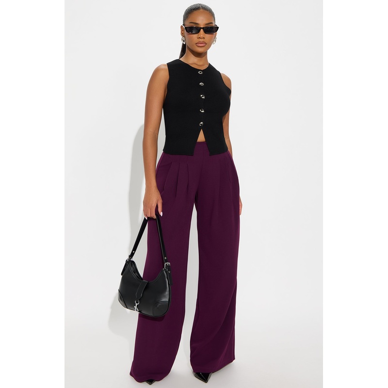 Brigitte Crepe Knit Wide Leg Pleated Pant 33 – Plum