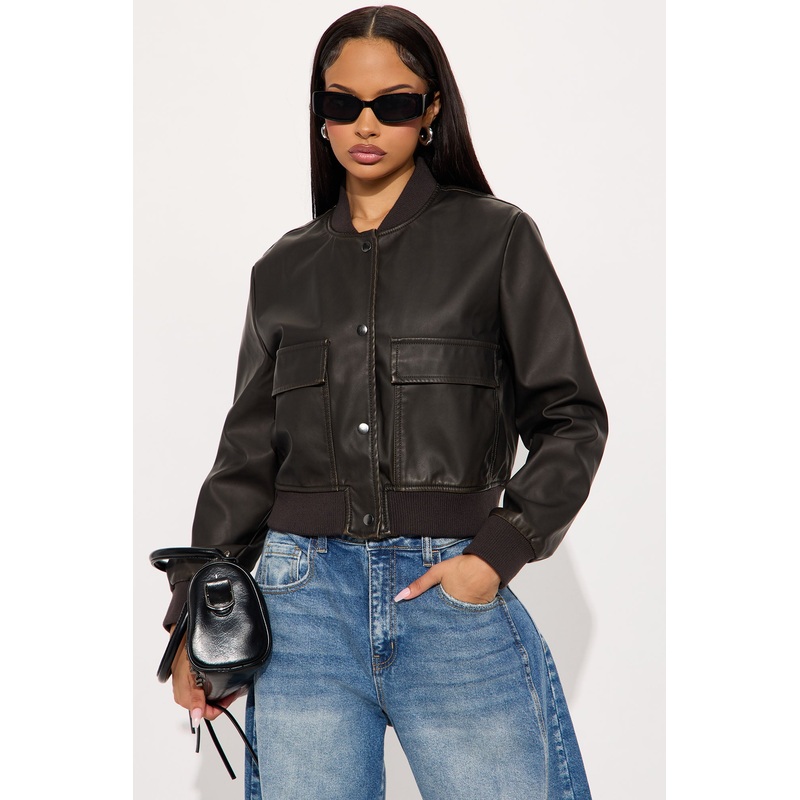 End Of Time Faux Leather Bomber Jacket – Chocolate