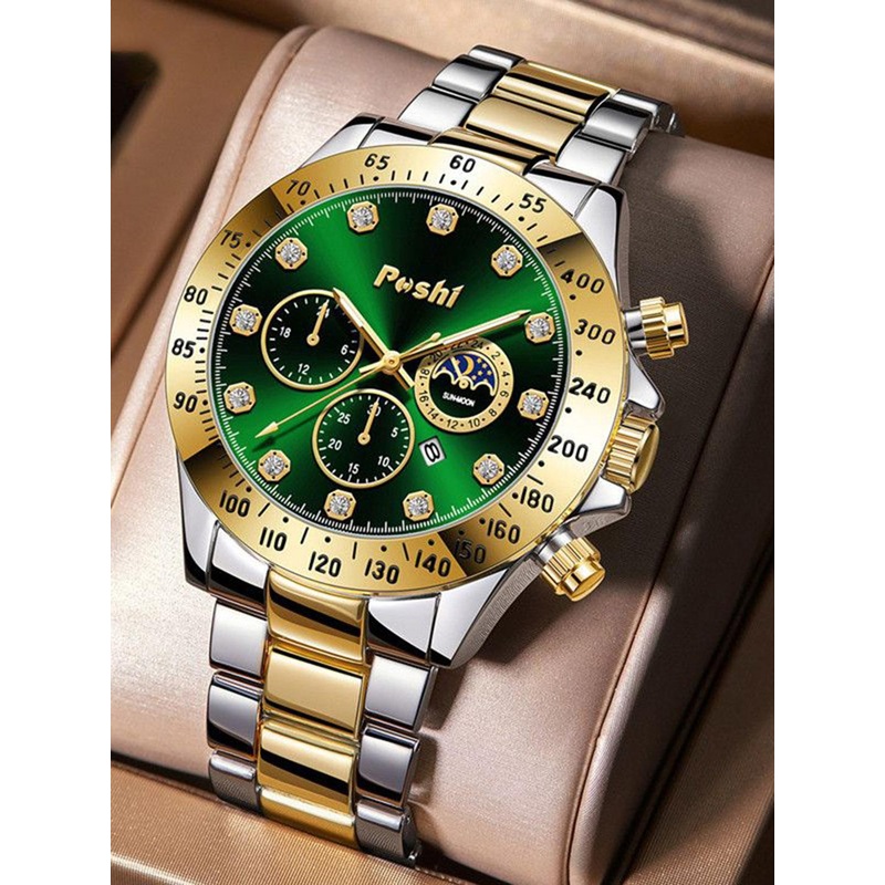 Poshi Men Round Dial Stainless Steel Strap Watch with Adjustable Clasp