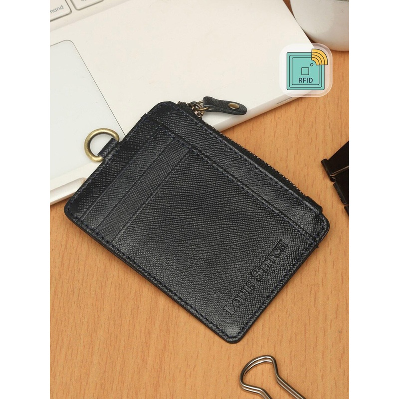 LOUIS STITCH Blue Saffiano Leather Slim ID Card Holder Wallet Purse with Zip Pocket