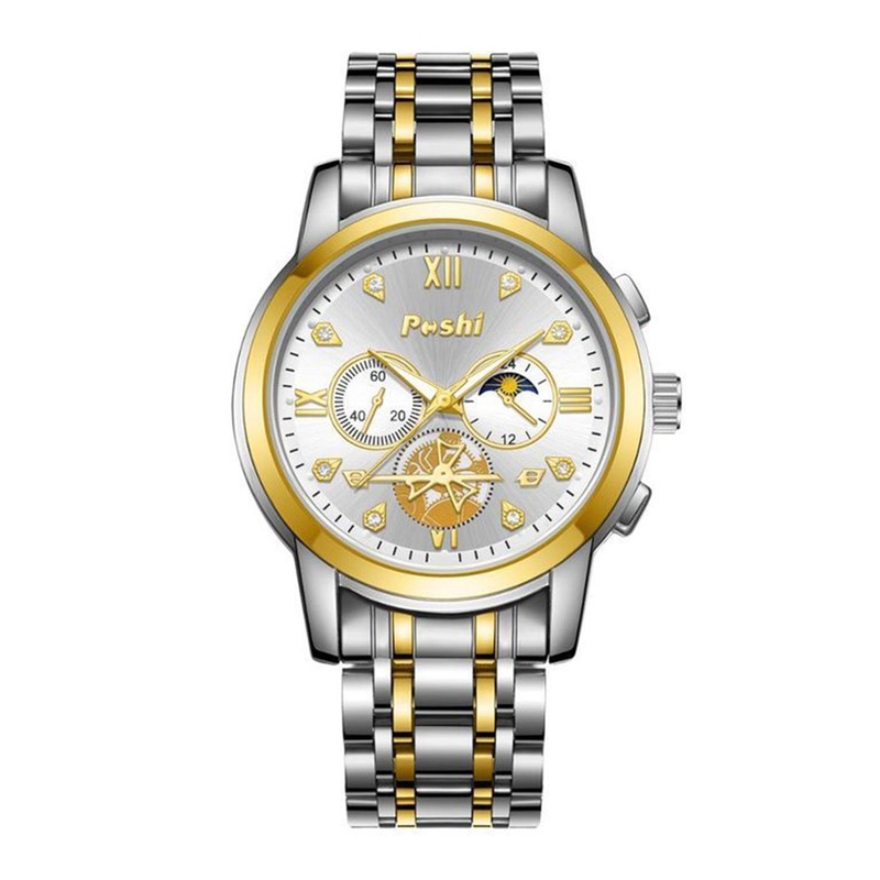 Poshi Men Stainless Steel Waterproof Round Dial Quartz Watch