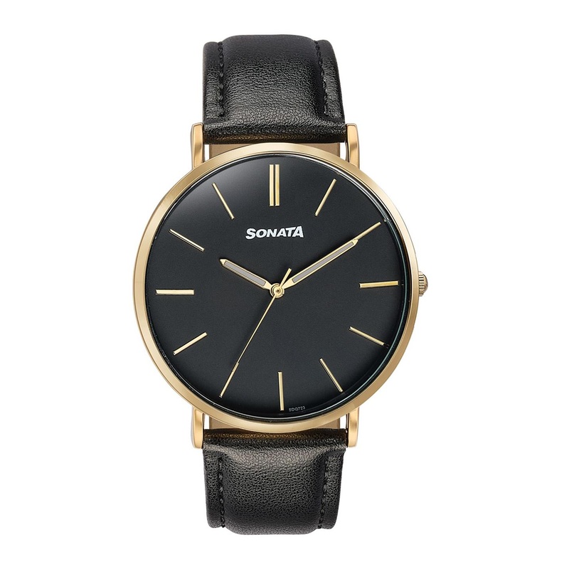 Sonata Men Embellished Dial & Leather Bracelet Style Straps Analogue Watch 77143YL02