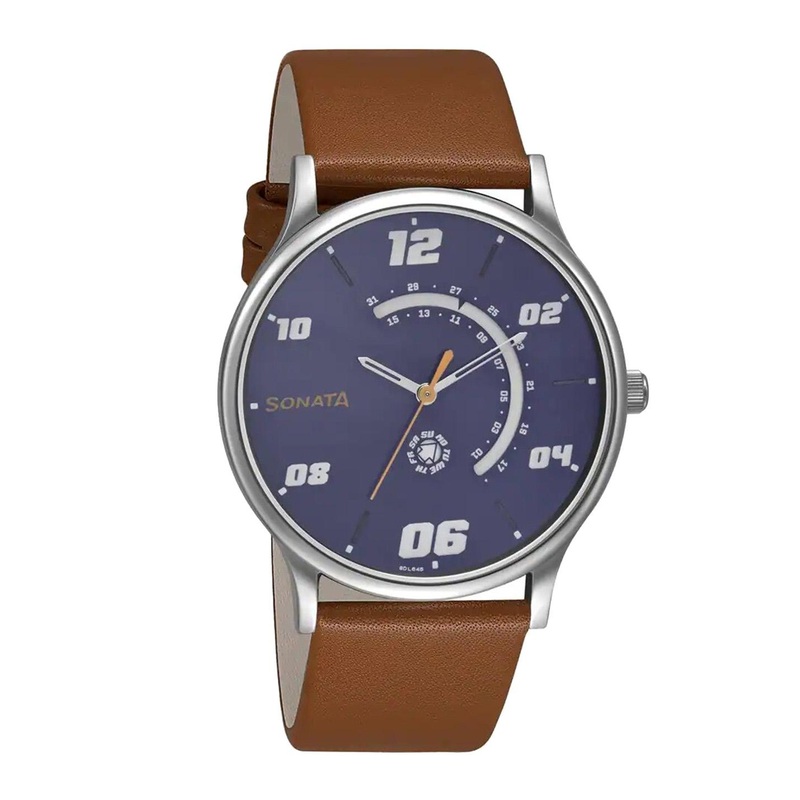 Sonata Men Printed Dial & Leather Straps Analogue Watch- 77105SL04