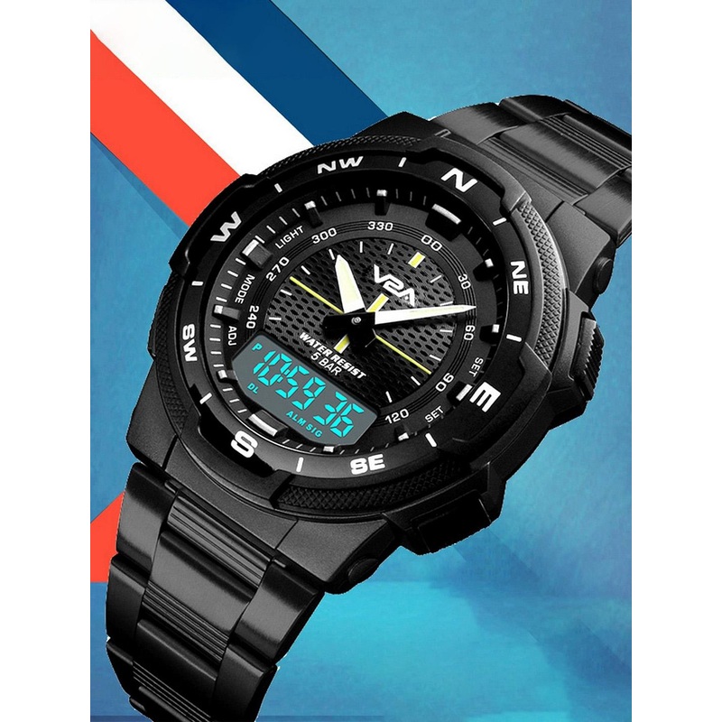 V2A Men Patterned Dial & Stainless Steel Bracelet Style Straps Analogue and Digital Watch SK-1370-Black
