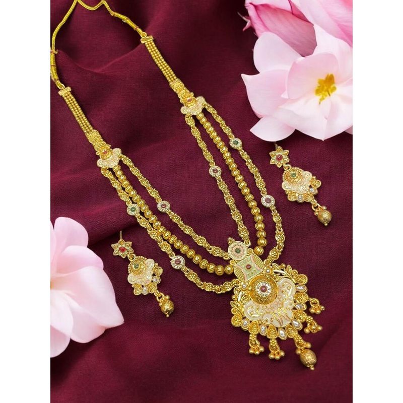 AADESH Gold-Plated Stone Studded & Beaded Rani Haar Jewellery Set