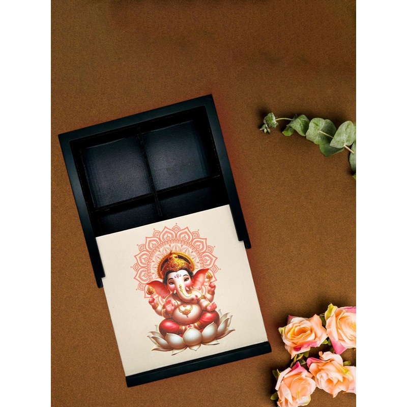 Angira handicrafts Brown & Black Printed Wooden Multipurpose Storage Box