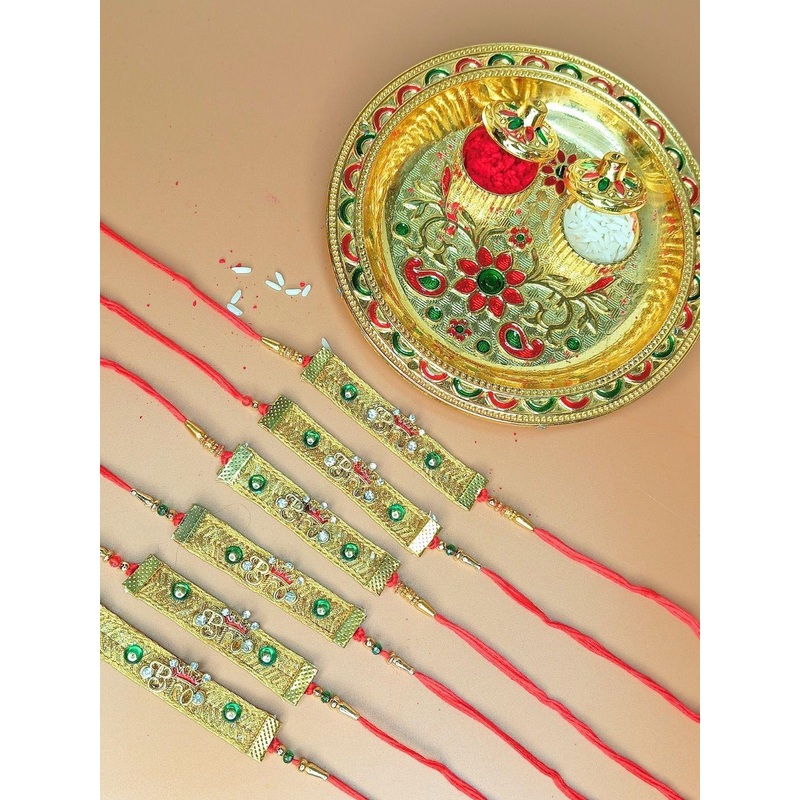 Anouk Set Of 6 BRO Rakhi With Quirky Card, Roli Chawal & Thali