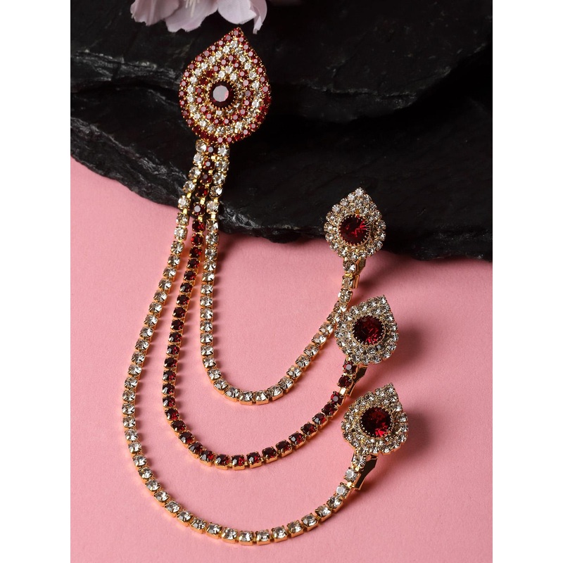 Sanjog Men Gold-Toned & Maroon Stone Studded Layered Chain Brooch Pin