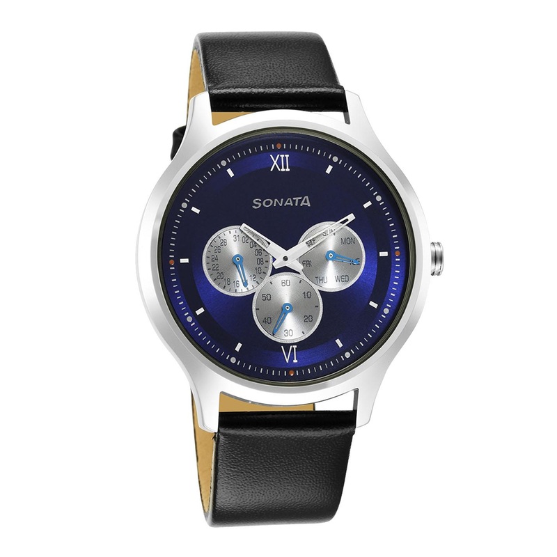 Sonata Men Blue Brass Printed Dial & Black Leather Bracelet Style Straps Analogue Watch 7140SL03