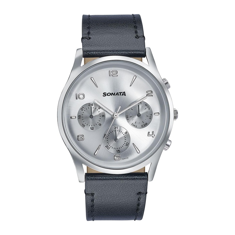 Sonata Men Embellished Dial & Leather Straps Analogue Watch 77140SL02