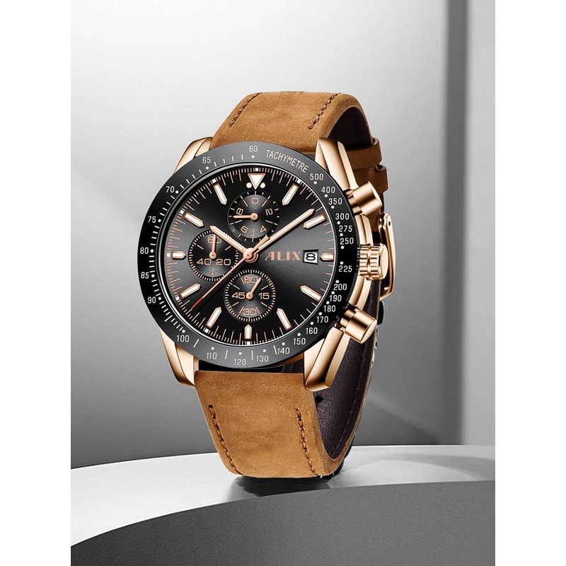 ALIX Men Brass Dial & Leather Straps Analogue Chronograph Watch AL3014L RGBBN
