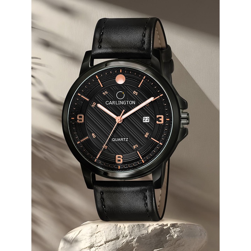 CARLINGTON Men Black Alloy Dial & Black Leather Straps Analogue Watch CT1050 Black