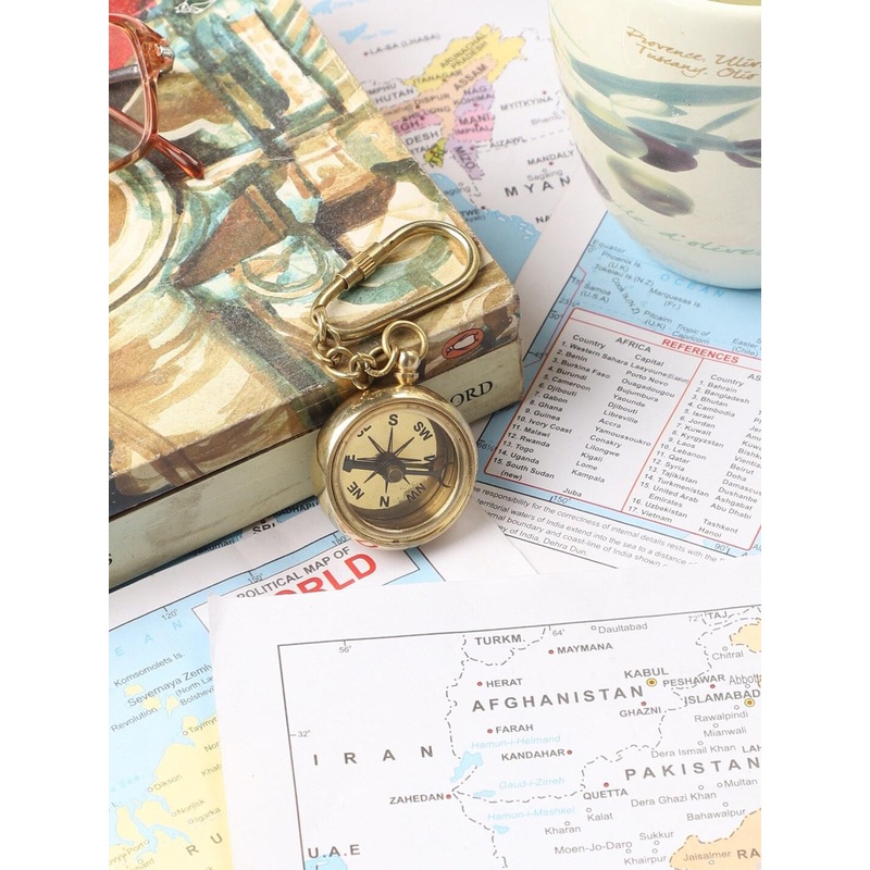 EXIM DECOR Gold Brass Pocket Compass Keychain