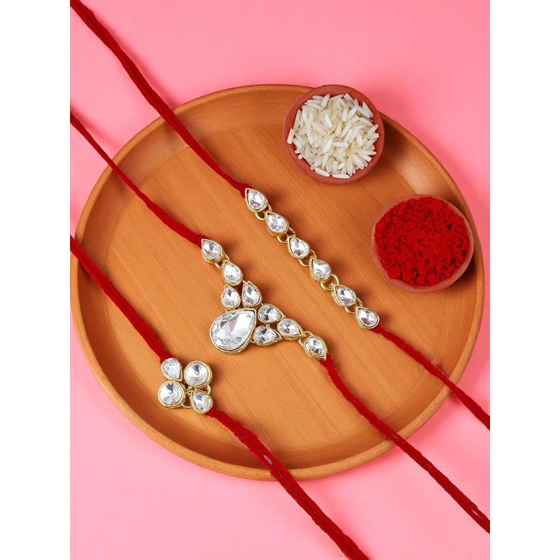 LUCKY JEWELLERY Set Of 3 Gold-Plated Rakhi With Roli Rice & Greeting Card