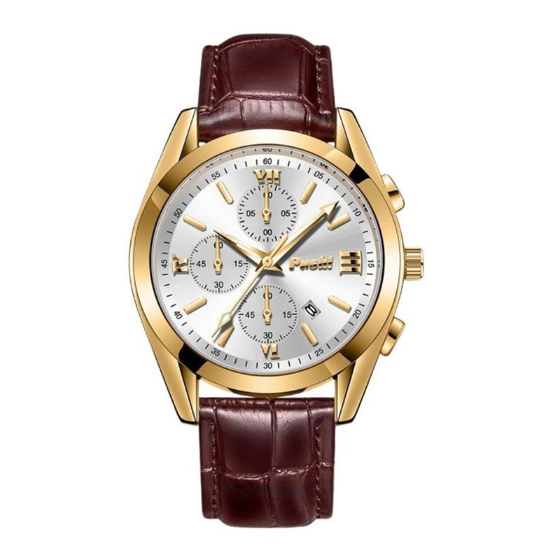 Poshi Men Leather Strap Round Dial Water Resistant Quartz Watch