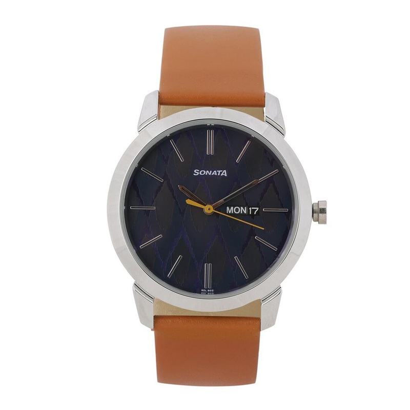 Sonata Men Printed Dial & Leather Straps Analogue Watch 77107SL01