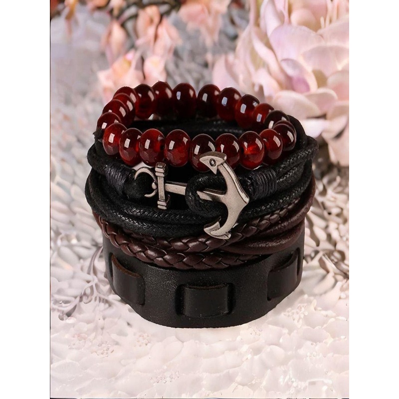 The Roadster Lifestyle Co Men’s Set of 4 Beaded Leather Cord Bracelet