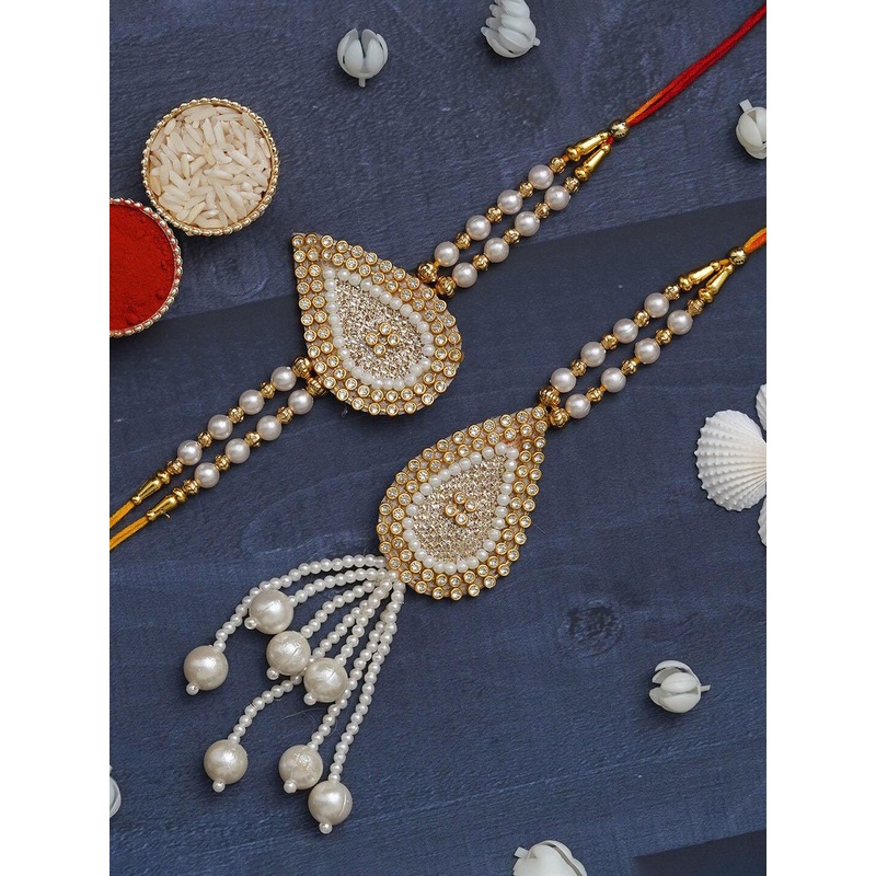 eCraftIndia Diamonds Pearls Designer Bhaiya Bhabhi Rakhi With Roli Chawal Pack